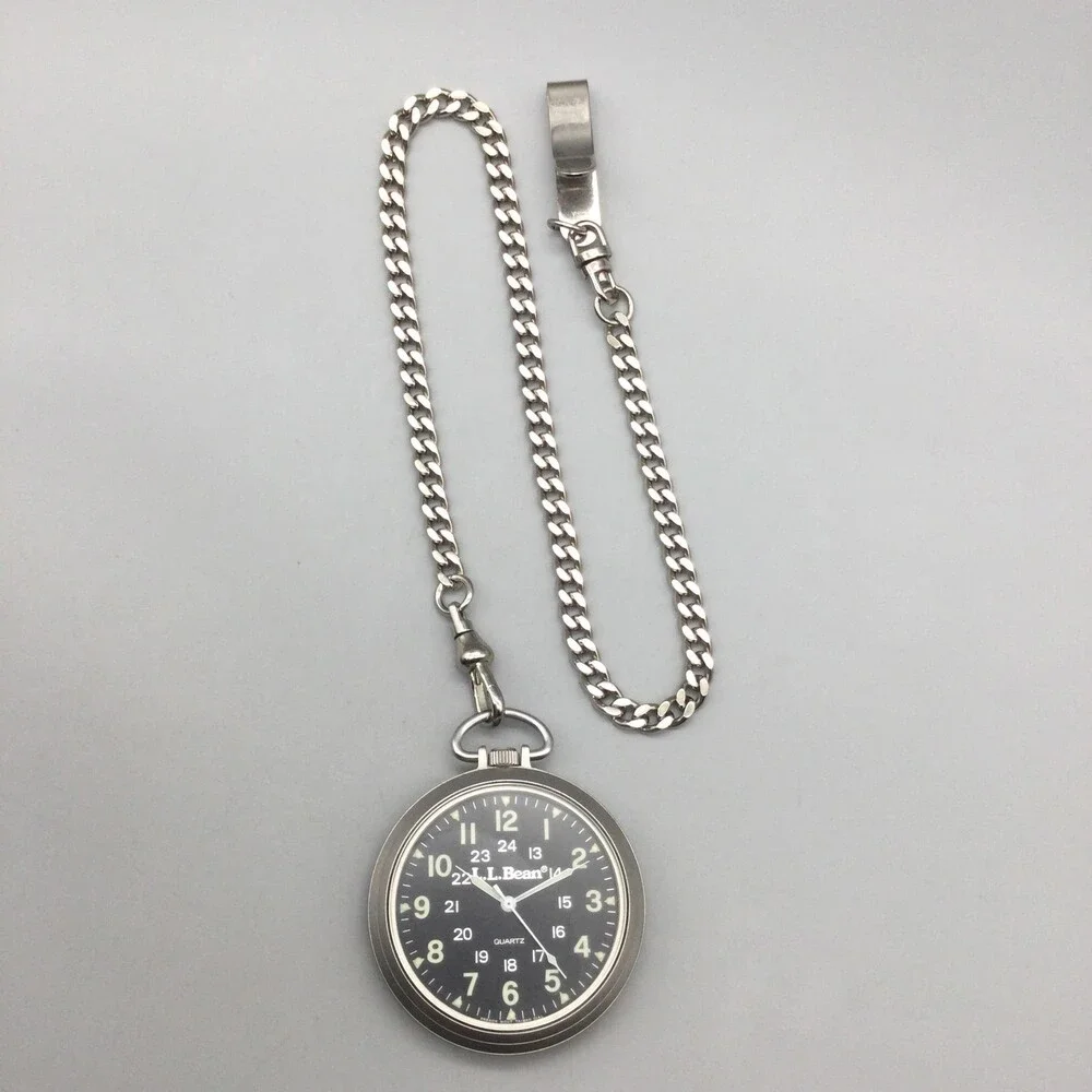Vintage L.L.Bean Pocket Watch Men 42.6mm Black Military Dial Chain New Battery